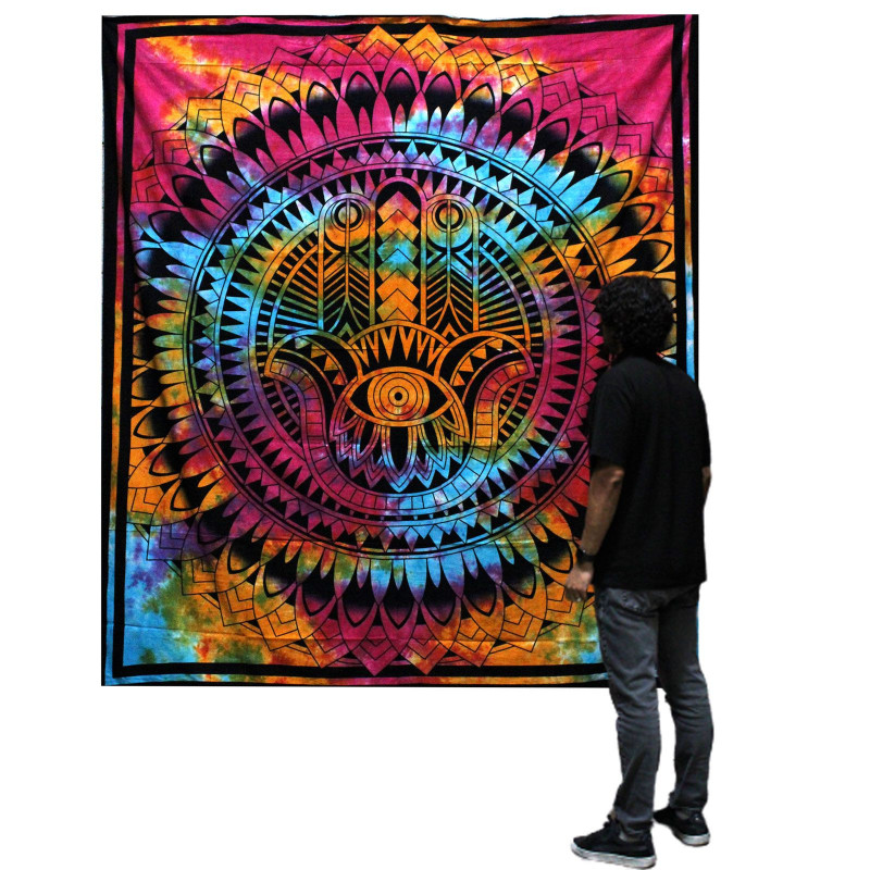 Couvre-lit double en coton + tenture murale - Hamsa