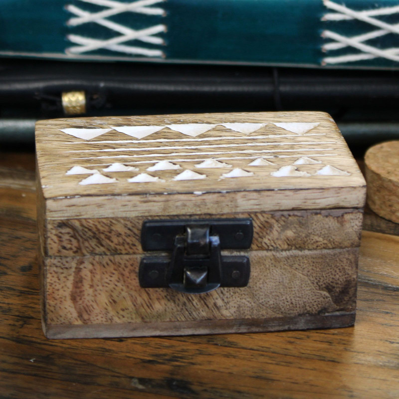 Boîte en bois blanchie à la chaux - Pilulier 3x1,5 motif aztèque