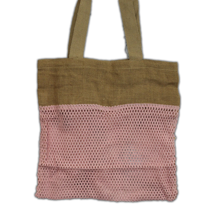 Sac en pur jute doux et filet de coton - Rose