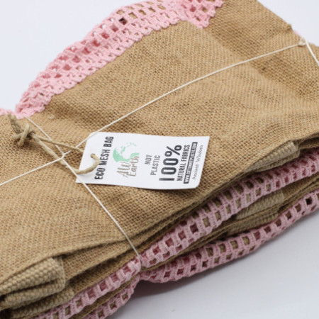 Sac en pur jute doux et filet de coton - Rose