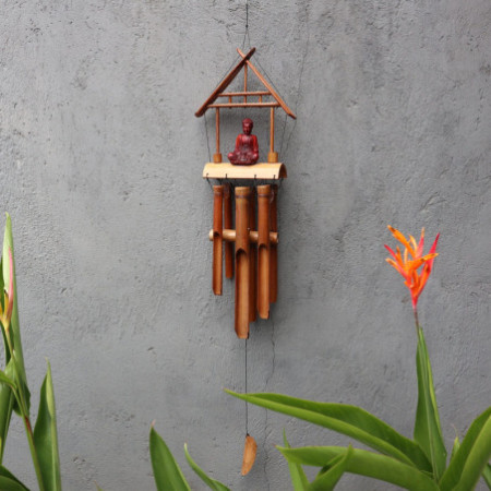 Carillon éolien en bambou - Finition naturelle - Bouddha brun 6 tubes