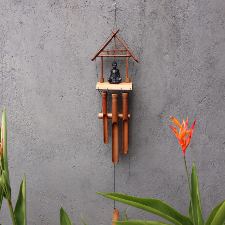 Carillon éolien en bambou - Finition naturelle - Bouddha noir 6 tubes