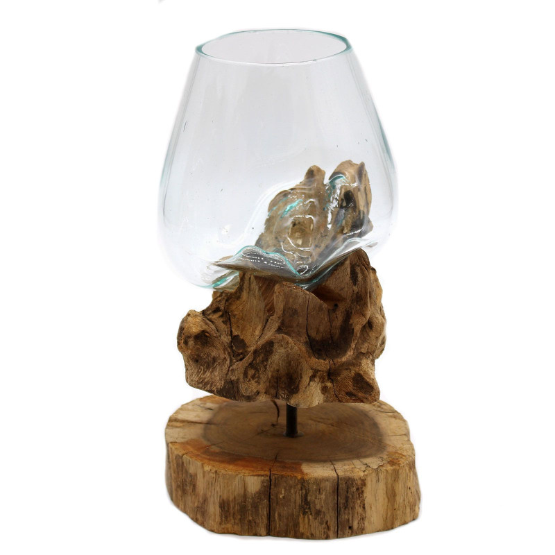 Verre fondu sur bois avec support - Grand bol