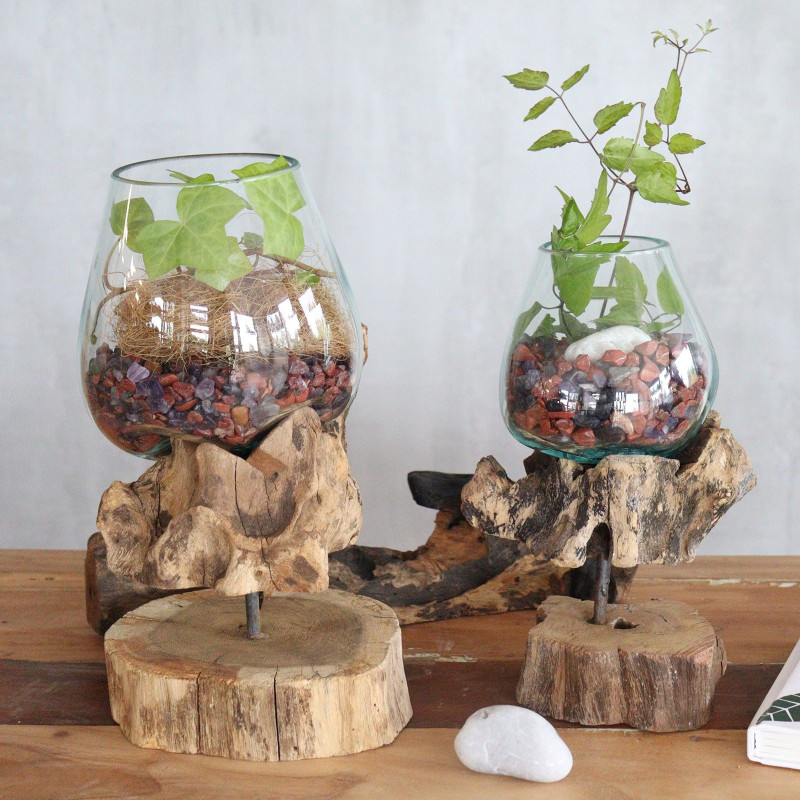 Verre fondu sur bois avec support - Grand bol