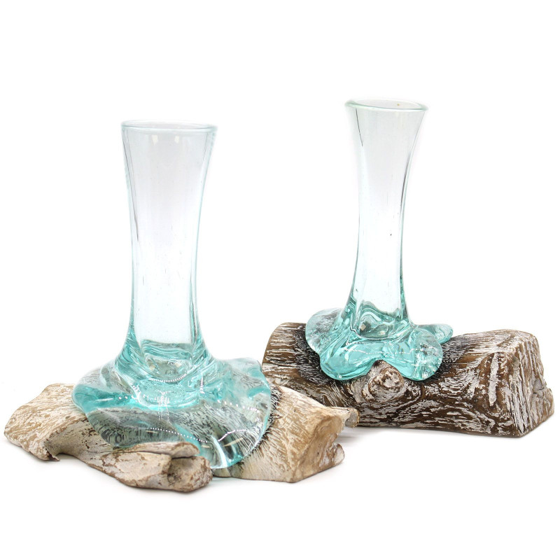 Verre fondu sur bois blanchi à la chaux - Vase - Petit