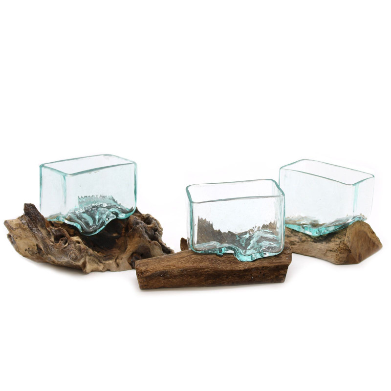 Cuve en verre fondu sur bois avec support - Petit bol