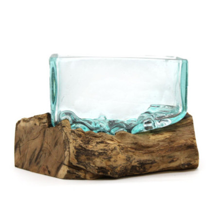 1x Cuve en verre fondu sur bois avec support - Grand bol