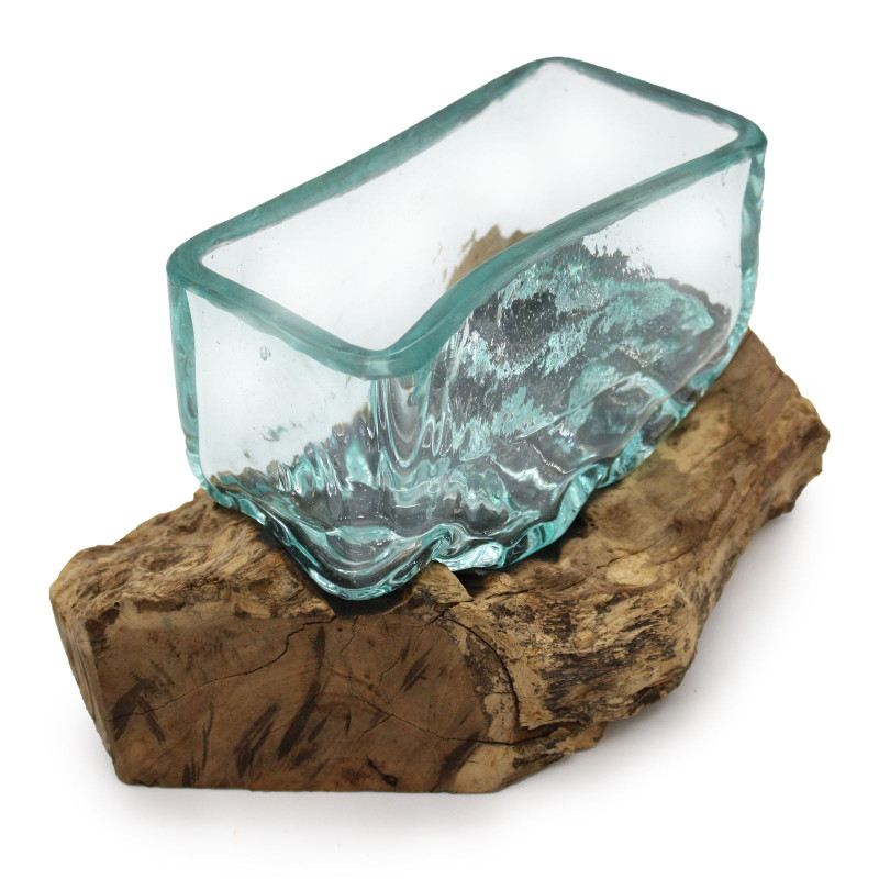 1x Cuve en verre fondu sur bois avec support - Grand bol