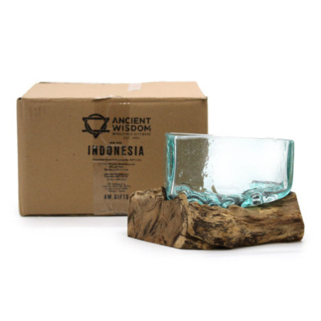 1x Cuve en verre fondu sur bois avec support - Grand bol