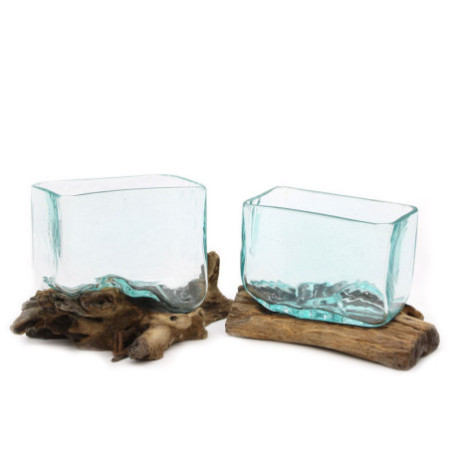 1x Cuve en verre fondu sur bois avec support - Grand bol