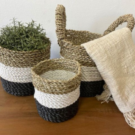 Ensemble de paniers en jonc de mer - Gris foncé / Blanc / Naturel