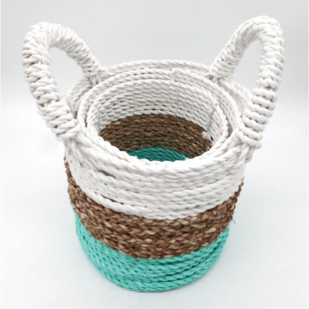 Ensemble de paniers en jonc de mer - Vert / Naturel / Blanc