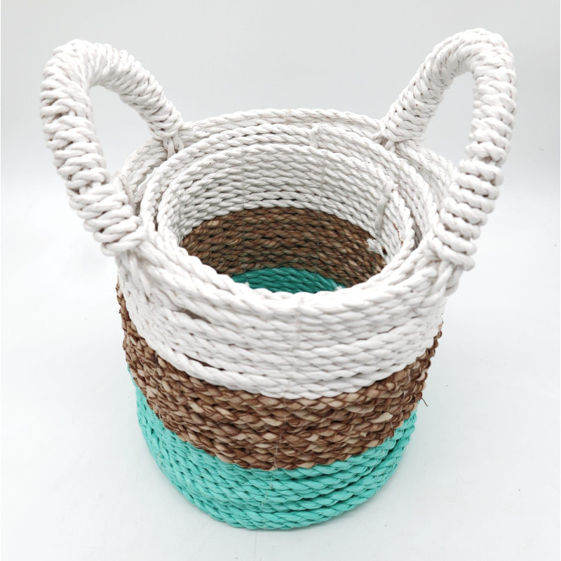 Ensemble de paniers en jonc de mer - Vert / Naturel / Blanc