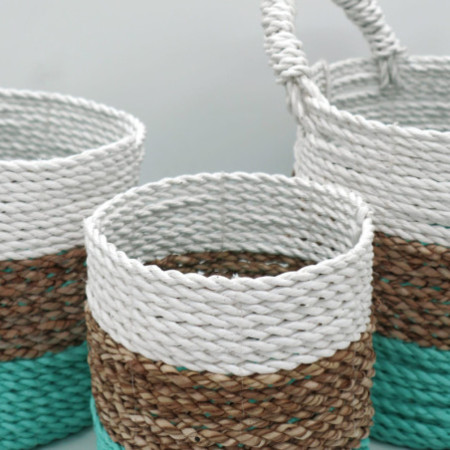 Ensemble de paniers en jonc de mer - Vert / Naturel / Blanc