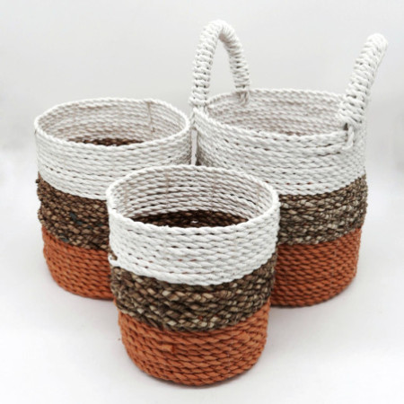 Ensemble de paniers en jonc de mer - Orange / Naturel / Blanc