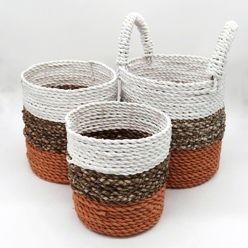 Ensemble de paniers en jonc de mer - Orange / Naturel / Blanc