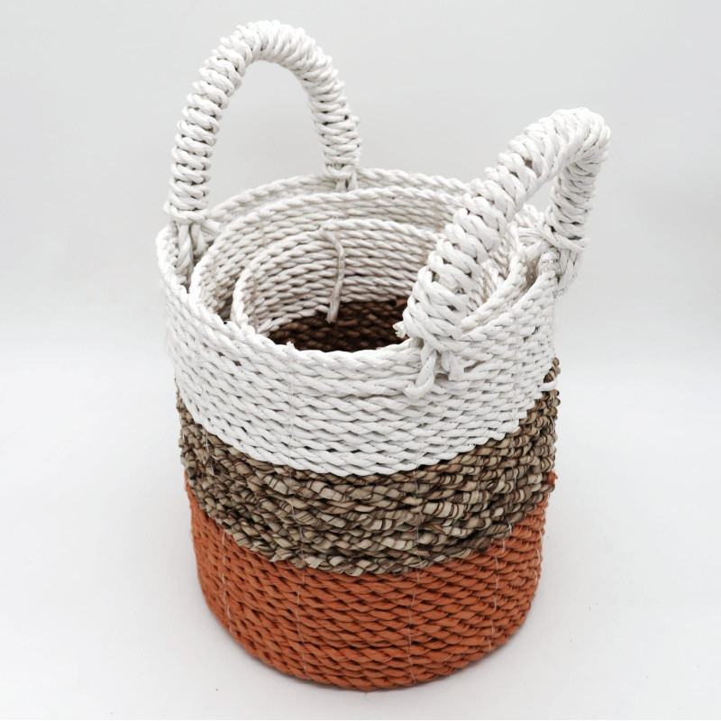 Ensemble de paniers en jonc de mer - Orange / Naturel / Blanc