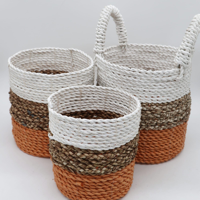 Ensemble de paniers en jonc de mer - Orange / Naturel / Blanc