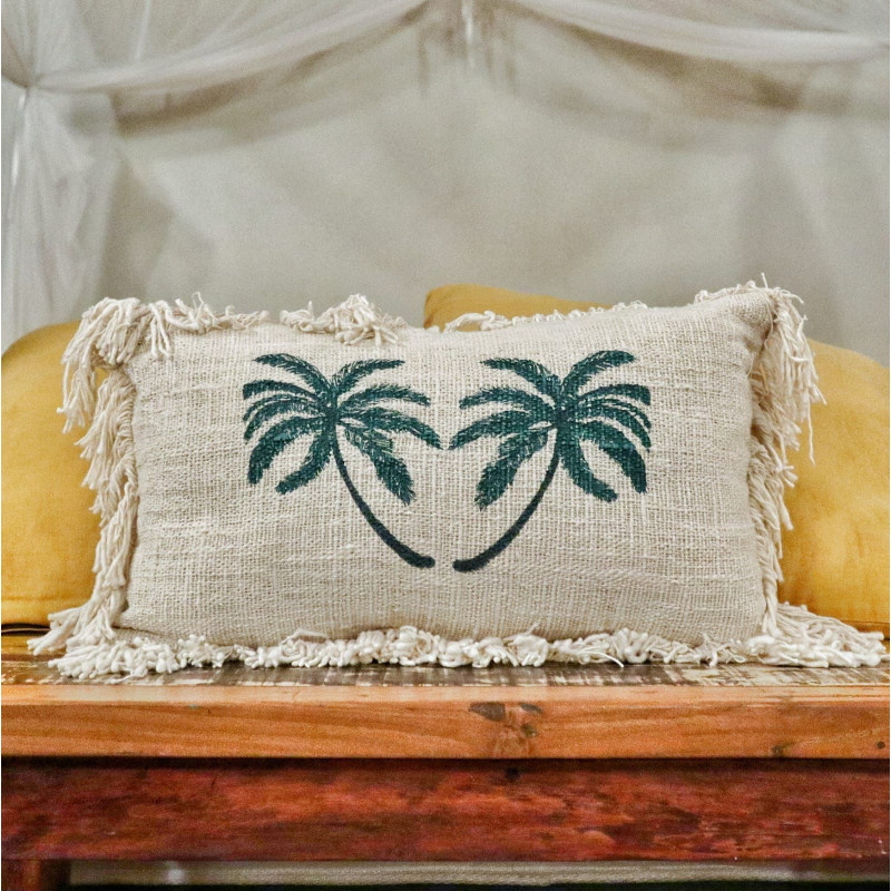 1x Coussin en lin 30x50cm Palmier à franges