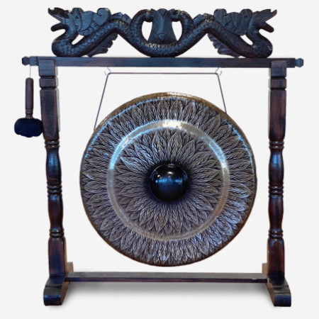 Grand Gong sur Support Antique Marron - 80cm - Noir - motif