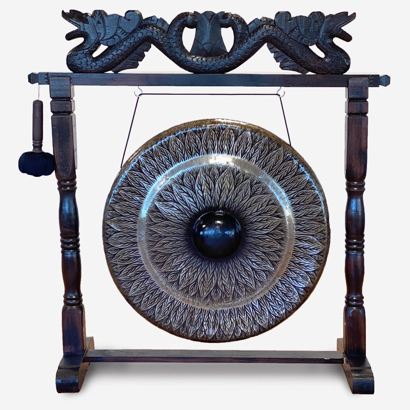 Grand Gong sur Support Antique Marron - 80cm - Noir - motif