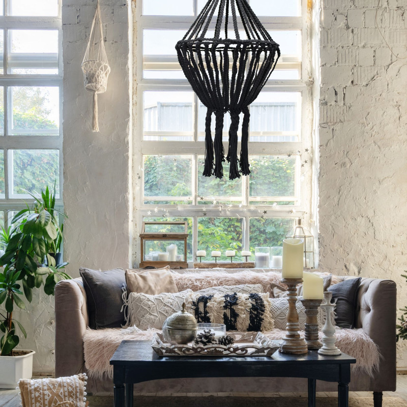 Grand lustre en macramé - Noir
