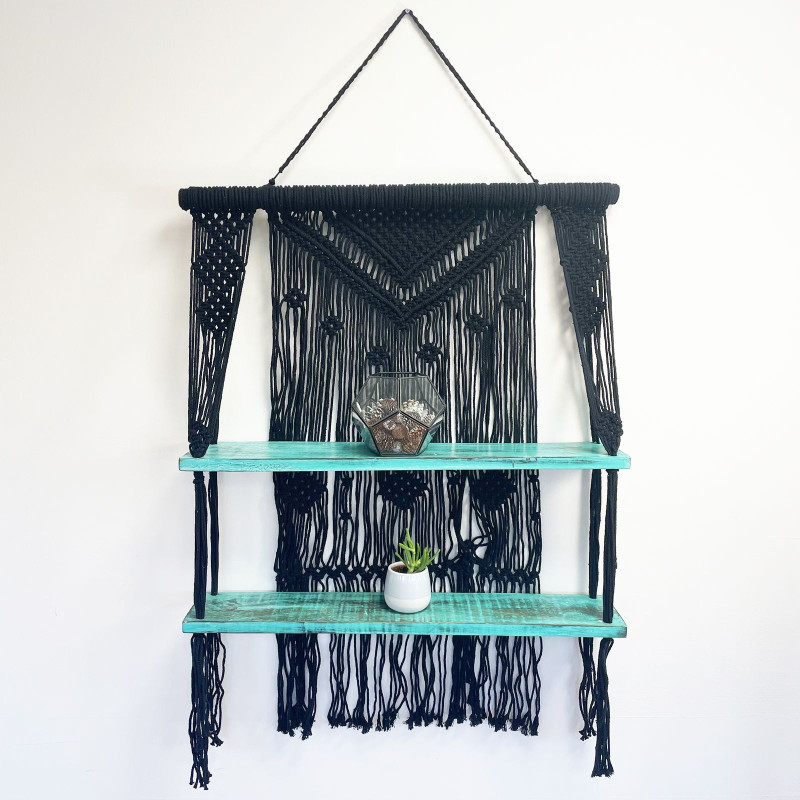 Étagères suspendues en macramé noir - Turquoise