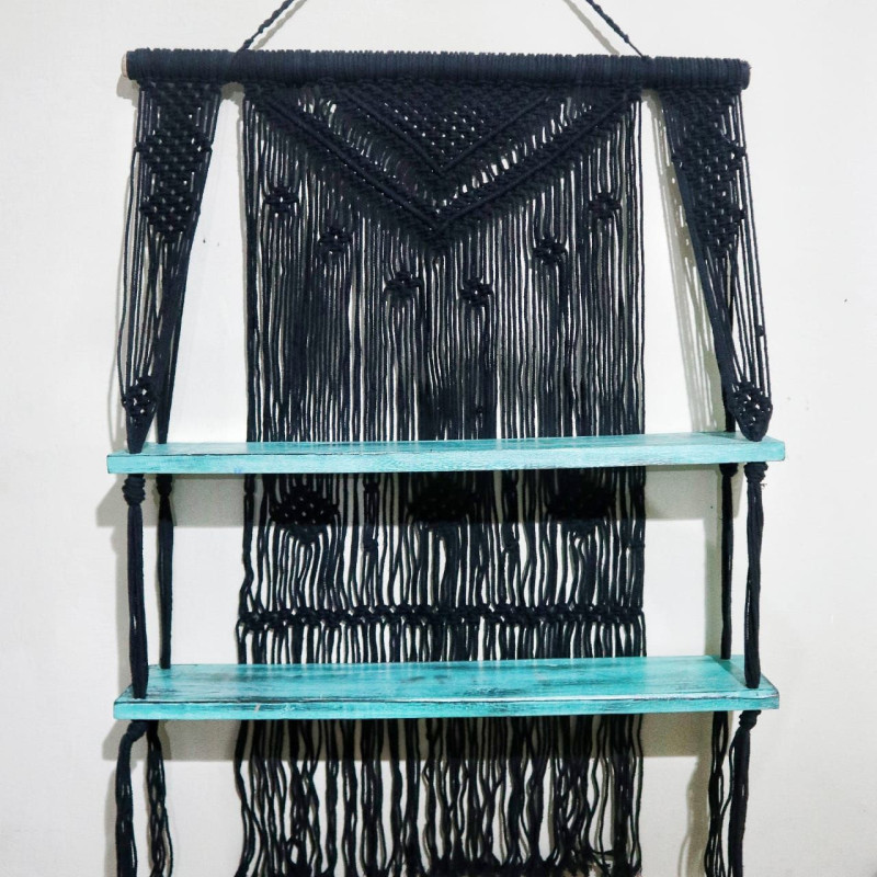 Étagères suspendues en macramé noir - Turquoise