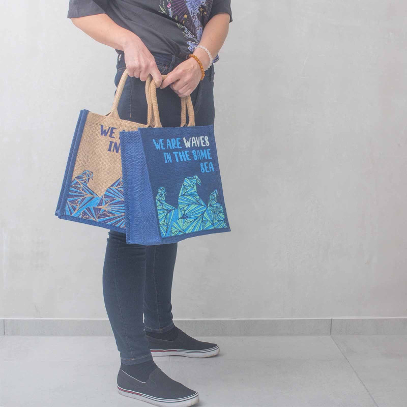 Sac en jute imprimé - We are Waves - Gris