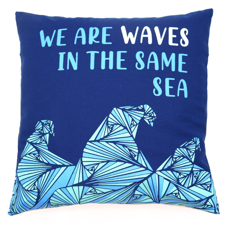 Housse de coussin en coton imprimé - We are Waves - Gris