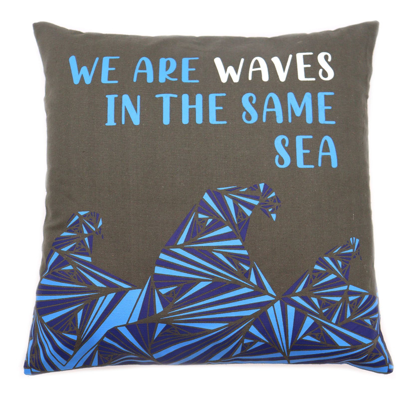 Housse de coussin en coton imprimé - We are Waves - Gris