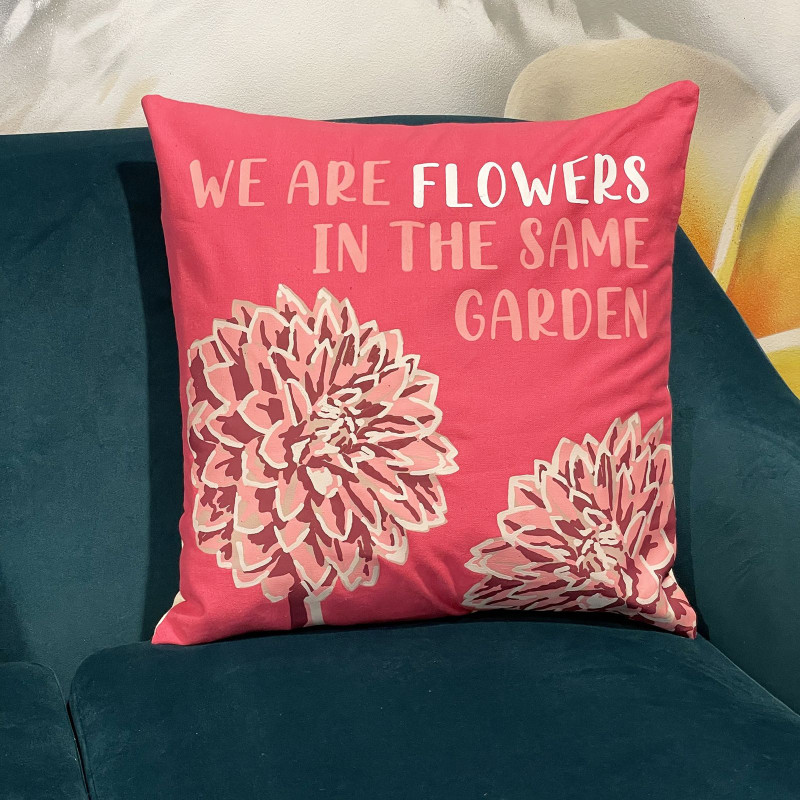 Housse de coussin en coton imprimé - We are Flowers - Rose