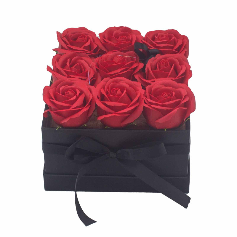 Bouquet de fleurs de savon - 9 roses rouges - Carré