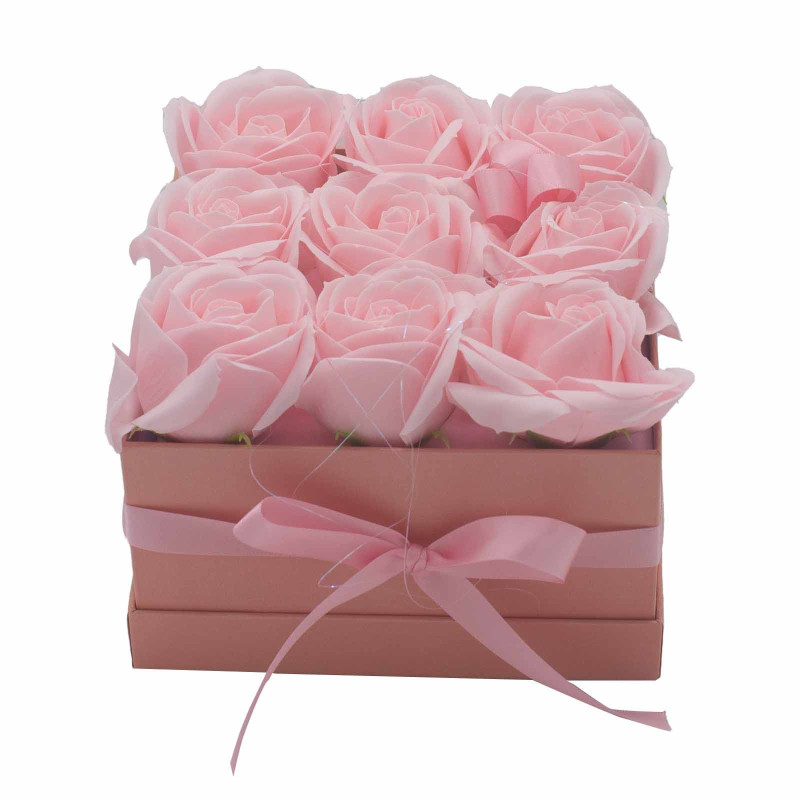 Bouquet de fleurs de savon - 9 roses roses - Carré