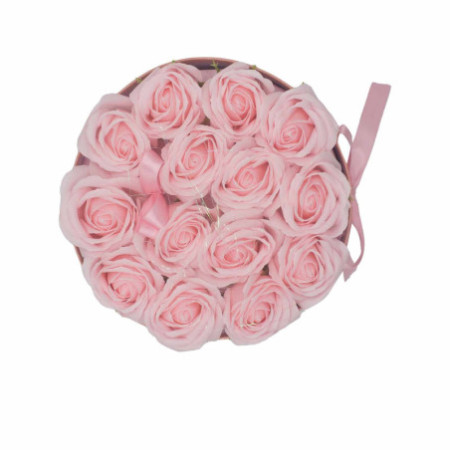 Bouquet de fleurs de savon - 14 roses roses - Rond