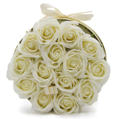 Bouquet cadeau de fleurs de savon - 14 roses crème - Rond