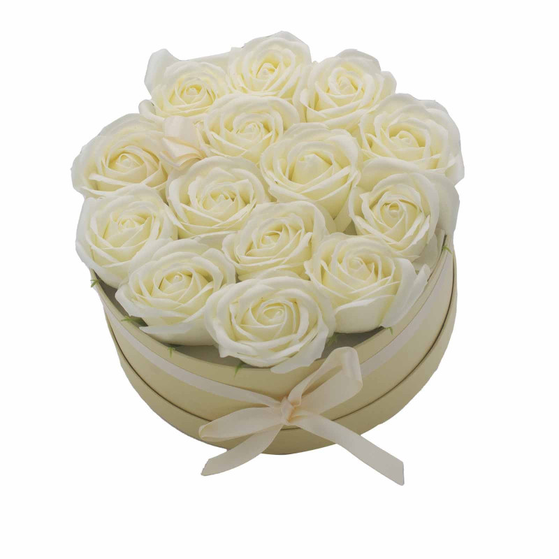 Bouquet cadeau de fleurs de savon - 14 roses crème - Rond