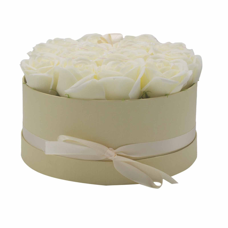 Bouquet cadeau de fleurs de savon - 14 roses crème - Rond