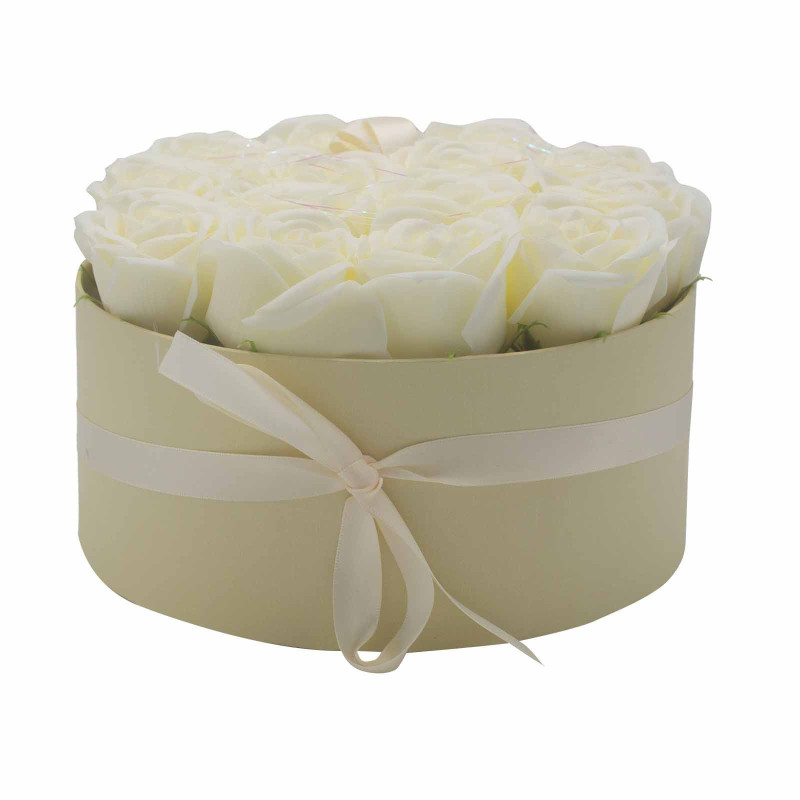 Bouquet cadeau de fleurs de savon - 14 roses crème - Rond