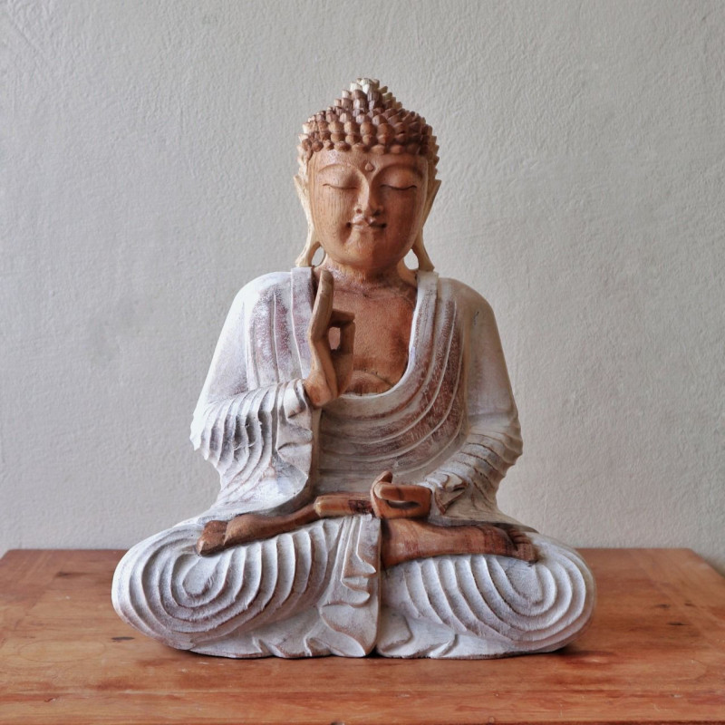 Statue de Bouddha sculptée à la main - Transmission de l'enseignement 40 cm - Blanchi à la chaux