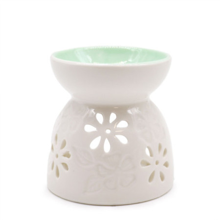 Brûleur à huile blanc classique - Floral avec puits bleu sarcelle