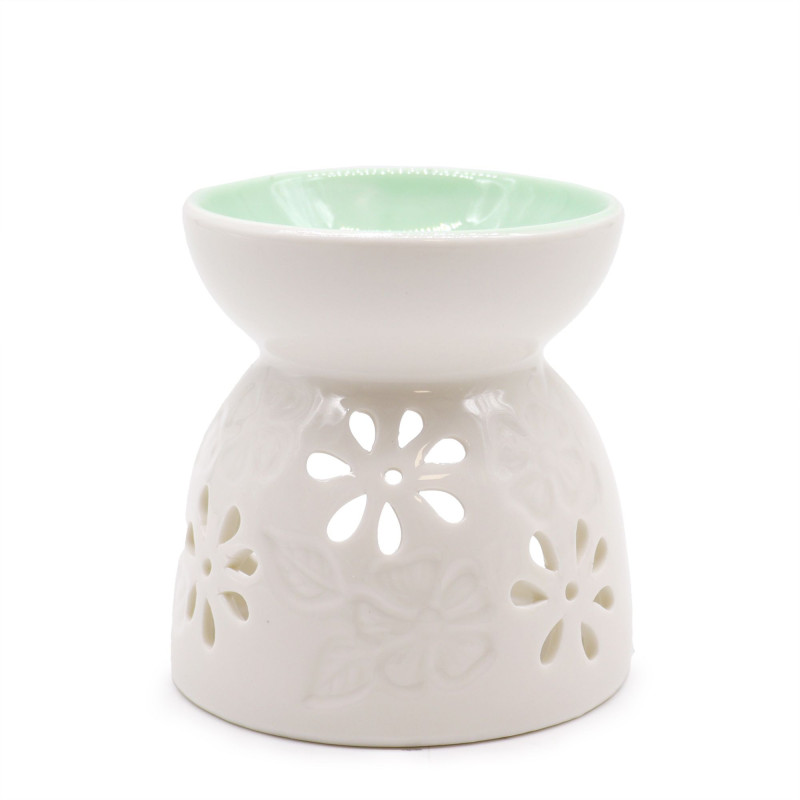 Brûleur à huile blanc classique - Floral avec puits bleu sarcelle