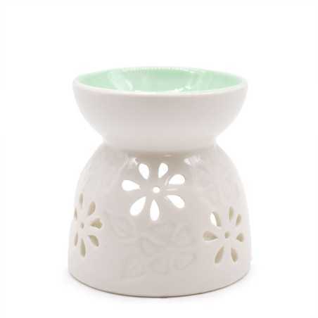 Brûleur à huile blanc classique - Floral avec puits bleu sarcelle