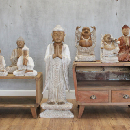 Statue de Bouddha sculptée à la main - 100 cm Bienvenue - Blanchi à la chaux