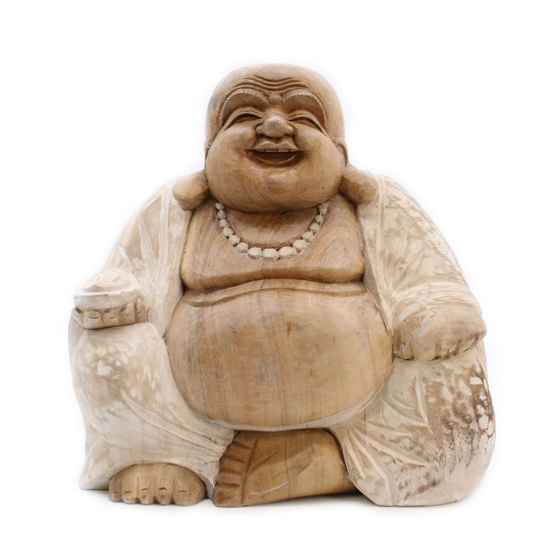 Statue de Bouddha sculptée à la main - 30 cm Happy - Blanchi à la chaux