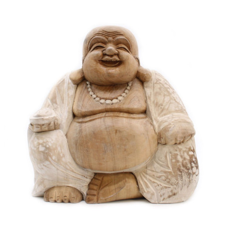Statue de Bouddha sculptée à la main - 30 cm Happy - Blanchi à la chaux