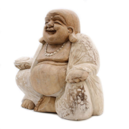 Statue de Bouddha sculptée à la main - 30 cm Happy - Blanchi à la chaux
