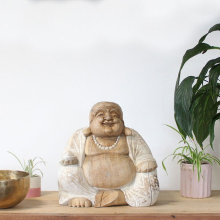 Statue de Bouddha sculptée à la main - 30 cm Happy - Blanchi à la chaux
