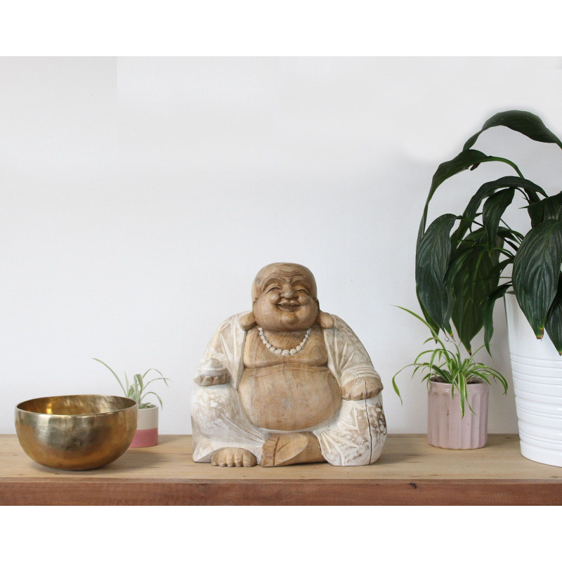 Statue de Bouddha sculptée à la main - 30 cm Happy - Blanchi à la chaux