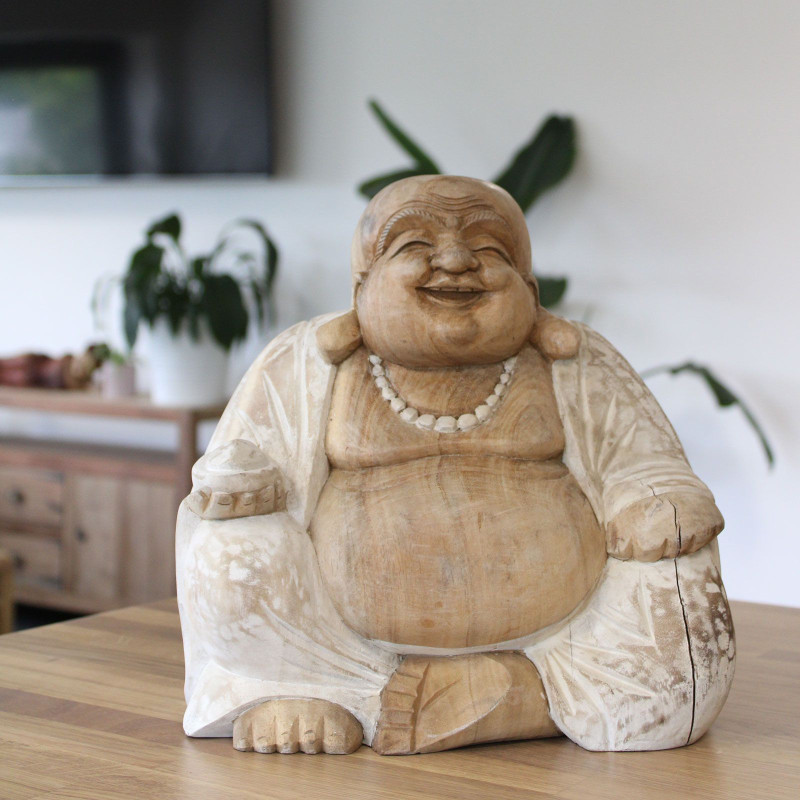 Statue de Bouddha sculptée à la main - 30 cm Happy - Blanchi à la chaux